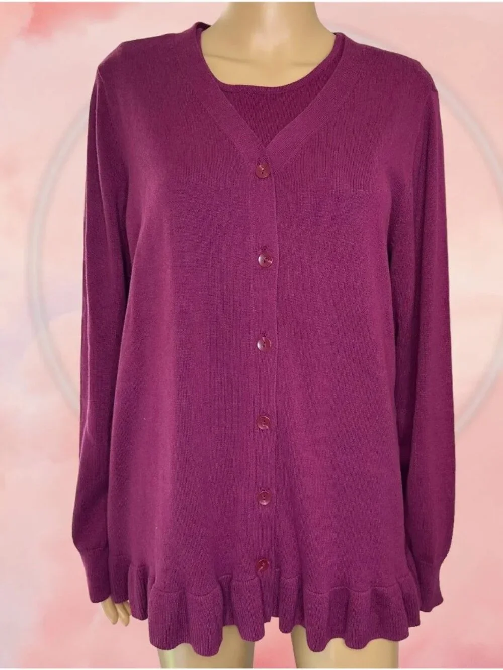 Joan Rivers Matching Set Cardigan Sweater-Tank Top Knit Size L Stretch Burgundy